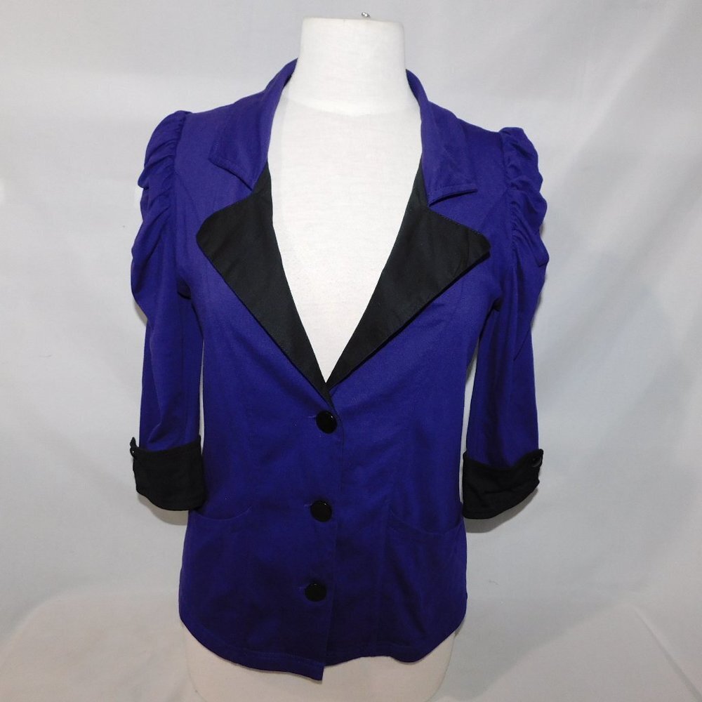 Schwiing Purple Black 3/4 Sleeve Puff Shoulder Light Blazer Jacket Womens M